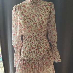 Princess Polly Pink and Tan Pleated Sundress with Bishop Sleeves